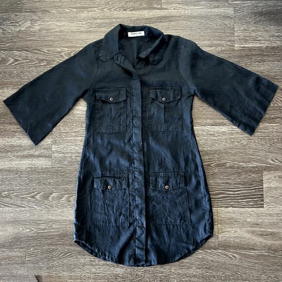 EUC Pampelone Mae Black Linen Utility Dress Sz Small Button Down 3/4 Sleeve Mini - Picture 6 of 16